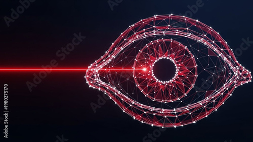 Abstract digital eye with a red laser beam emanating from its pupil, symbolizing technological surveillance or data scanning