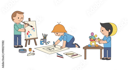 Three young boys are expressively engaged in various creative art activities including painting on an easel, floor drawing, and clay sculpting.