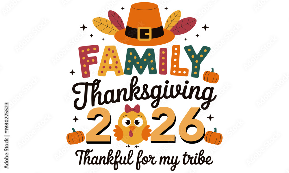 Fototapeta premium A festive Thanksgiving design featuring warm autumn elements like pumpkins, falling leaves, and cozy typography. Perfect for crafting, t-shirts, and holiday decorations, this design captures.