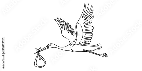 A single continuous line drawing of a stork carrying a bundle representing a new baby arrival Vector, illustration