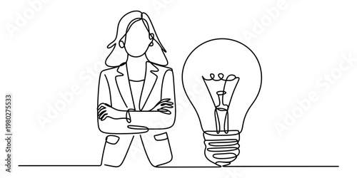 A continuous line drawing of a confident businesswoman standing beside a glowing light bulb icon Vector, illustration