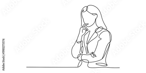 A minimalist single line drawing of a thoughtful woman standing with her hand on her chin area. Vector, illustration