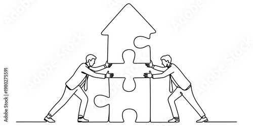 Two businessmen working together to assemble a house shaped jigsaw puzzle in a simple line art Vector, illustration