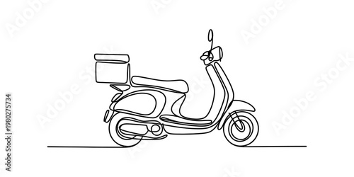 A minimalist single line drawing of a delivery scooter depicted on a plain white background area. Vector, illustration