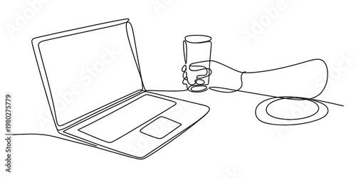 A continuous line drawing of a person sitting at a desk with a laptop and a glass of water drink. Vector, illustration
