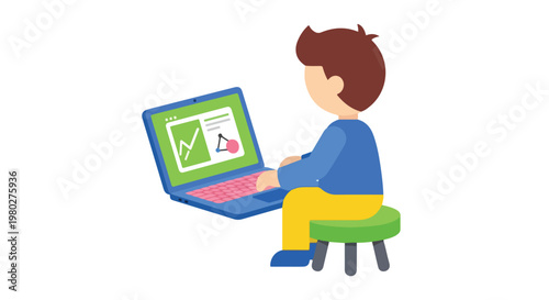 A young student is sitting on a small green stool and diligently working on his lessons using a blue laptop computer.