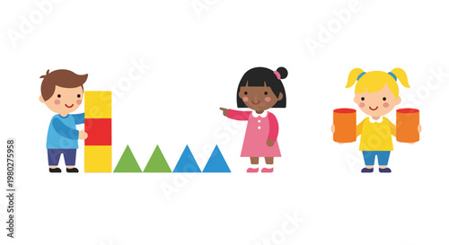 Three diverse young children are happily playing together with colorful geometric shapes and blocks in a clean, minimalist vector style.