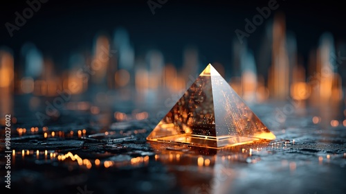 Transparent pyramid illuminated on a reflective surface against blurred background
