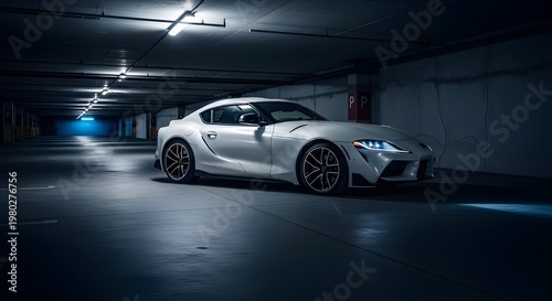 A white Toyota Supra Mk5 parked in an industrial garage with sleek neon lighting and reflective flooring. The car is shown in a clean and minimalist setup, showcasing its modern design and powerful pr