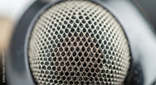 Close-up of a microphone grill with a honeycomb pattern.