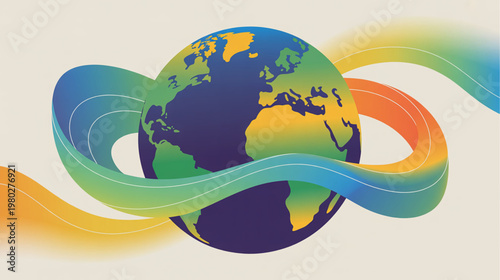 Global connections, earth, colorful swirling lines, vector illustration, world map