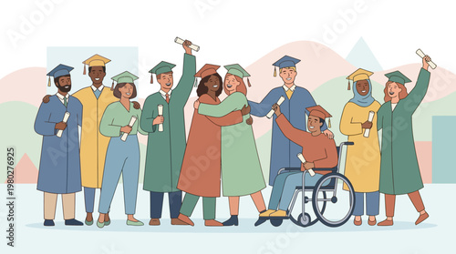 Modern Flat Vector of Diverse Graduates Celebrating Academic Success