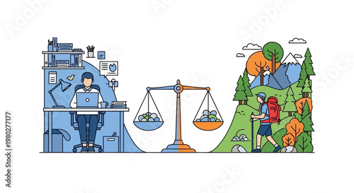 Conceptual illustration contrasting work-life balance with nature and technology.