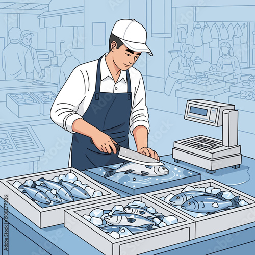 Vector illustration of a fishmonger in a white cap and apron slicing fresh fish on a blue cutting board at a seafood market, with boxes of raw fish on ice and a weighing scale.