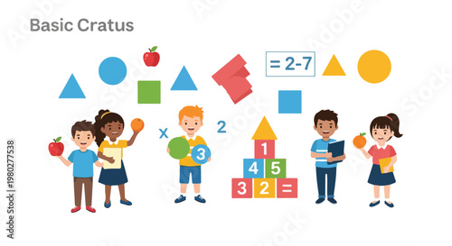 This vector illustration features a group of diverse children learning basic mathematical concepts and geometric shapes using fruits and blocks.