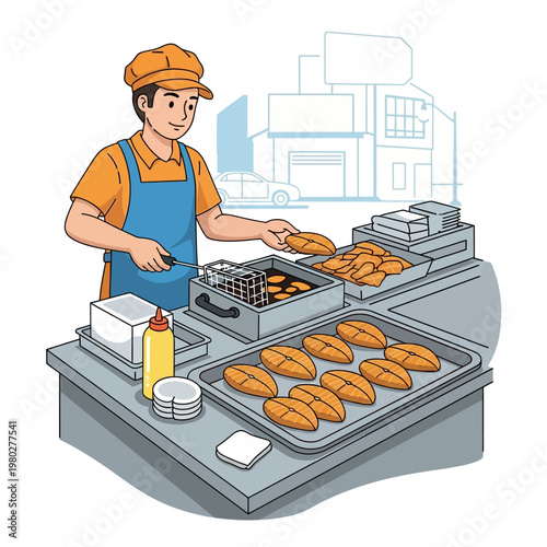 Vector illustration of a male street food vendor in an orange cap and blue apron frying salmon steaks at a commercial outdoor food cart stall with city street line art background.