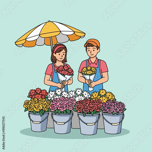 Vector illustration of a man and woman florists working at an outdoor flower stall under a striped umbrella, holding bouquets with buckets of colorful roses and daisies in front.