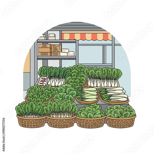 Vector illustration of a fresh vegetable market stall featuring various leafy greens like bok choy and spinach displayed in woven baskets and on shelves under a striped awning.