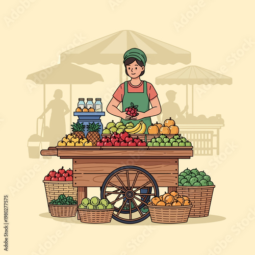 Vector illustration of a female vendor in an apron arranging fresh organic fruits including bananas, pineapples, and apples on a wooden cart at a local outdoor marketplace with stalls.