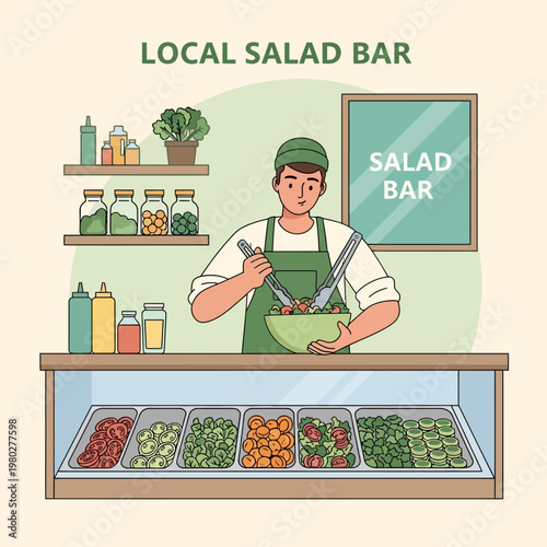 Vector illustration of a male salad bar owner in a green apron and cap mixing a fresh vegetable salad with tongs behind a glass display counter filled with healthy ingredients.
