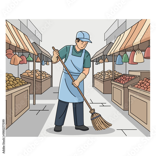 Vector illustration of a male worker in a blue apron and cap sweeping the floor with a traditional straw broom in an outdoor market aisle lined with fresh produce stalls.
