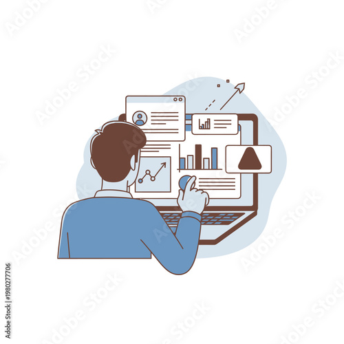 Vector illustration of a man monitoring user account activity on a laptop screen showing data charts, analytics dashboard, bar graphs, and a red system warning icon notification.
