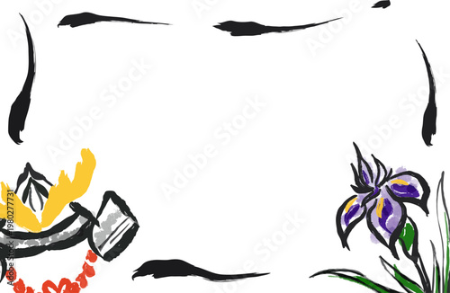 水墨画の兜と花菖蒲のフレーム