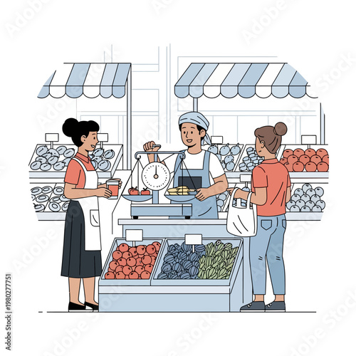 Vector illustration of a street market vendor weighing fresh produce on a mechanical balance scale for female customers at a fruit and vegetable stall with striped awnings.