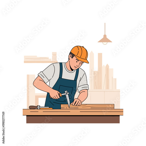 Vector illustration of a male carpenter wearing an orange hard hat and blue apron working on a wooden timber plank at a workbench in a workshop with timber stacks in the background.
