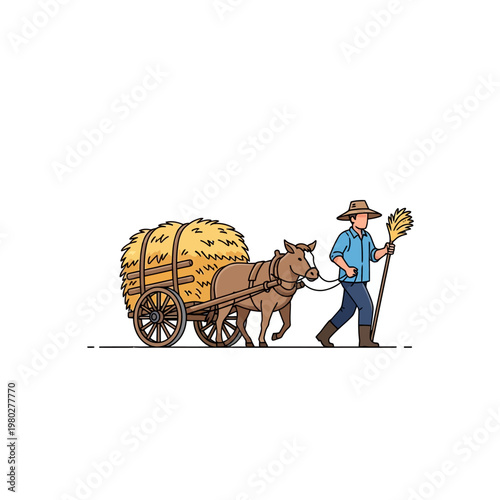 Flat vector illustration of a male village farmer in a straw hat leading a donkey pulling a rustic wooden cart loaded with a large bale of hay, isolated on a white background.