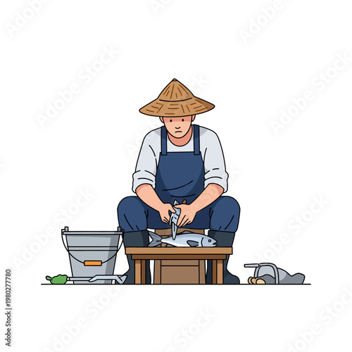 Vector illustration of a village fisherman wearing a conical straw hat and blue apron cleaning a fresh fish on a wooden table using a knife, isolated on a white background.