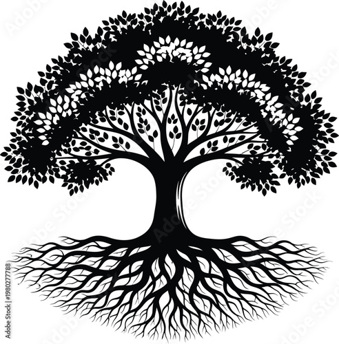 Intricate black and white tree of life illustration with detailed roots