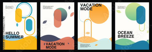 Hello Summer poster collection. Modern geometric shapes, falling leaves and fluid pastel colors for seasonal vacation graphic design. Abstract vector design illustration template set.