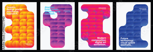 Creative layout templates present vibrant gradient 3D fluid shapes overlaid on clean white backgrounds. Elevate modern art exhibition branding using this abstract vector illustration set.