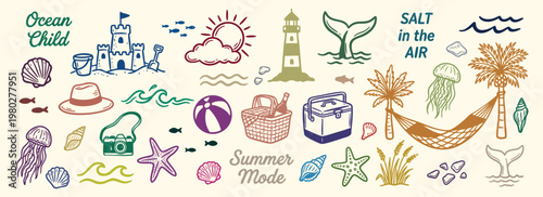 Summer mode travel icon set featuring hand drawn beach elements like sandcastles, lighthouses and palm trees. A coastal vector illustration collection perfect for holiday poster designs.