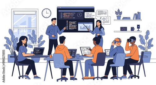 Diverse team learning VR development in a modern classroom with coding screens