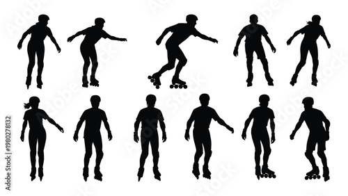 A collection of black silhouettes depicts diverse people actively roller skating and engaging in dynamic physical poses high quality professional detailed