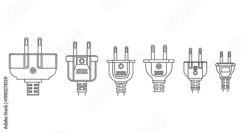 A series of different electrical plugs are displayed in a simple line drawing style