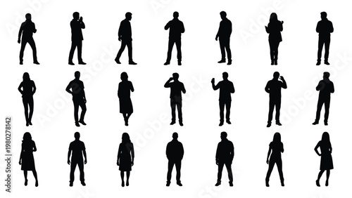 A collection of twenty five black silhouettes depicting diverse people in various standing poses against a plain white background high quality