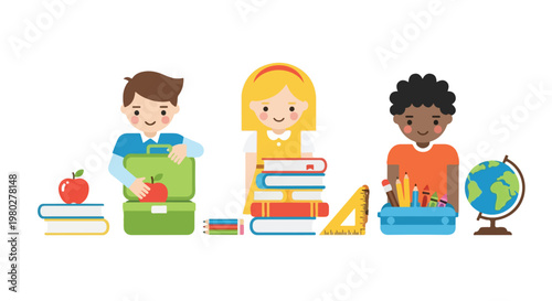 Three happy, diverse children are shown with various school supplies like books, a lunchbox, and a globe in this cute vector illustration.