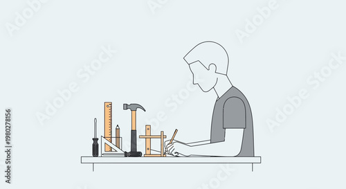 DIY project, young man crafting with tools and plans, focused hobbyist