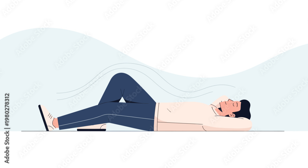 Fototapeta premium Man relaxing on floor, resting, meditating, calm, peaceful, stress relief, break