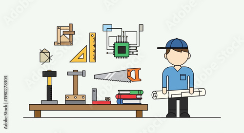Engineer Holding Blueprints with Tools and Technology Elements