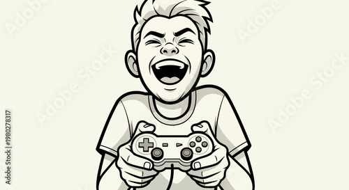 Canvas-taulu Excited Boy Playing Video Game with Controller, Laughing