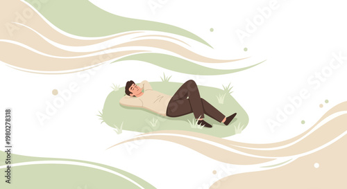 Man relaxing on grass, enjoying nature, peaceful moment, stress relief, calm, serene, outdoor leisure