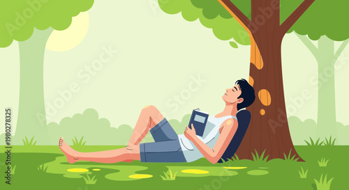 Man relaxing under a tree reading a book in a park on a sunny day