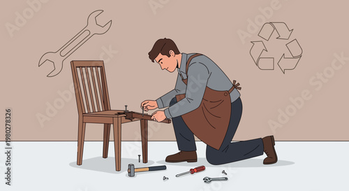 Man repairing wooden chair with tools, recycling symbol, home improvement concept