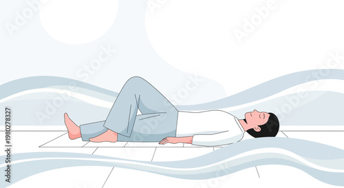 Man resting on floor, legs bent, eyes closed, peaceful relaxation, wellness, yoga pose