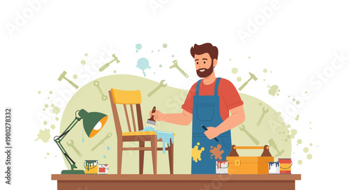 Man Restoring Old Chair with Paint and Tools, DIY Home Improvement