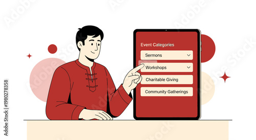 Man selects event category on tablet screen: workshops, charity, community gatherings